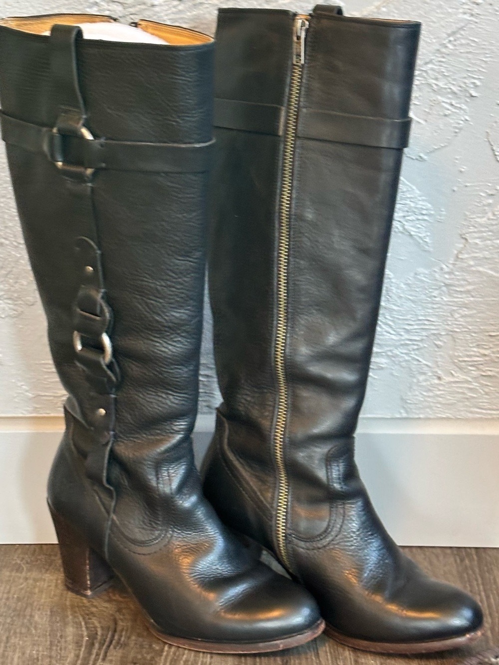 Frye 77170 Black Leather Tall Harness Boots Side Zip Women’s Size 5 B